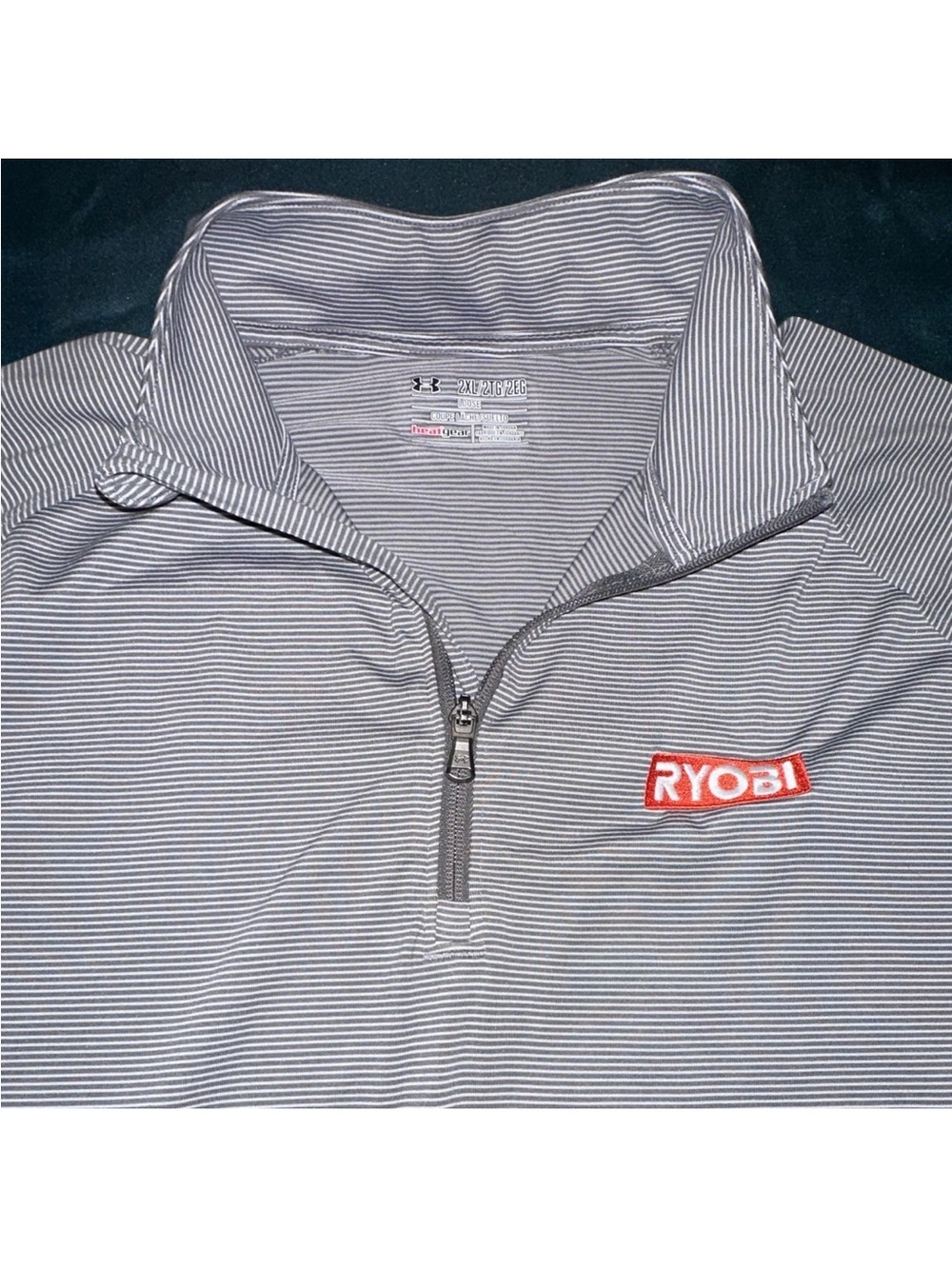 Under Armour Men's Gray Pinstripe Quarter-Zip Pullover with Red Ryobi Patch